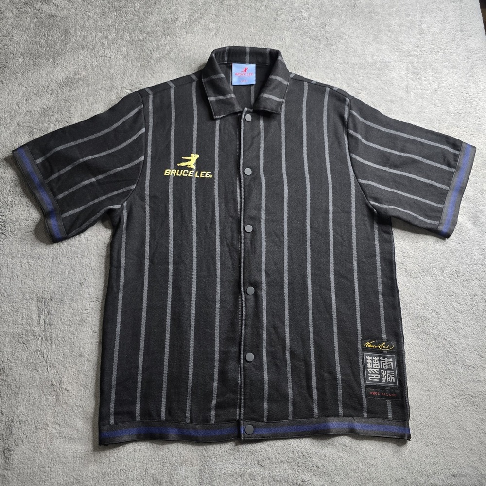 Bruce Lee X Shoe Palace Shirt Mens Large Black Striped Snap Button Short Sleeve